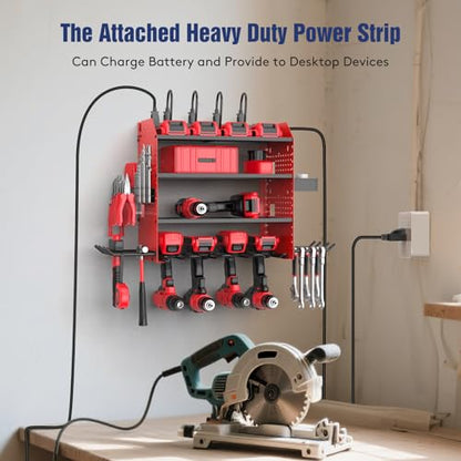 Heavy Duty Power Tool Organizer Wall Mount with Charging Station, 4 Layer Garage Storage Adjustable Shelves Height, Holds 4 Drills, 2 Hooks, Screw & Screwdriver box, Gifts for Fathers Day, Anniversary - color: Red