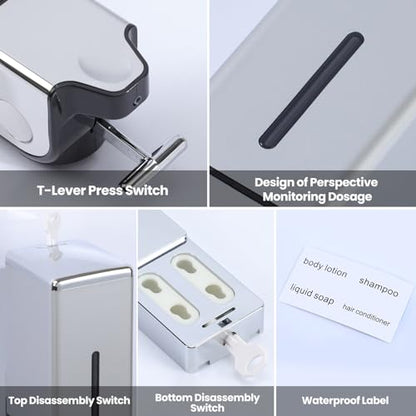 3-in-1 Quadrate Dispensers for The Shower,Shower soap Dispenser,Conditioner Dispenser, Shampoo Dispenser,No Drilled Wall Mounted Distributor,Hotel,Bathroom,Home (Triple, Silvery) - color: Triple Silvery