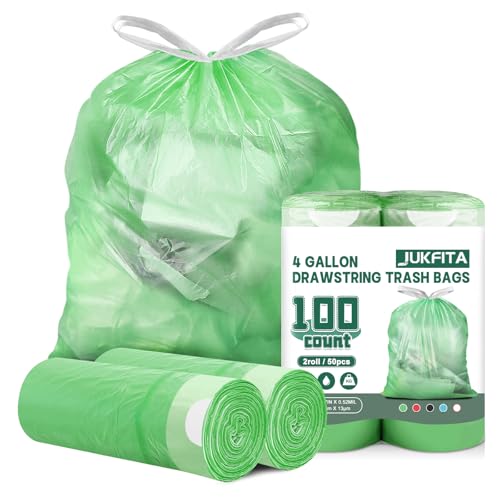 4 Gallon Trash Bags Drawstring 100 Count, JUKFITA Strong Small Garbage Bag, Unscented Trash Can Liners for Bathroom Restroom Office Kitchen, Green - color: Green, size: 100 Count (Pack of 1)