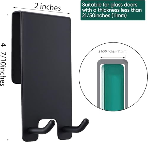 Shower Door Hooks - Towel Hooks for Bathroom Frameless Glass, Squeegee Hook, Over Glass Hook - Black Stainless Steel 2 Pack