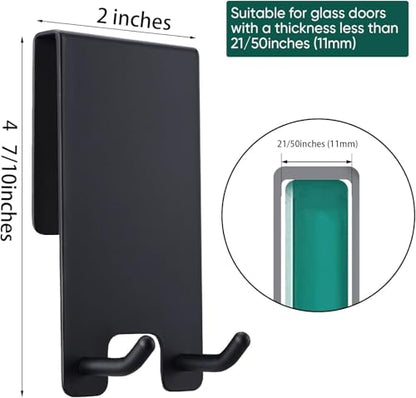 Shower Door Hooks - Towel Hooks for Bathroom Frameless Glass, Squeegee Hook, Over Glass Hook - Black Stainless Steel 2 Pack
