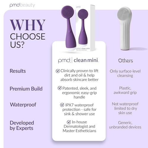 PMD Clean Mini - Smart Facial Cleansing Device with Silicone Brush & Anti-Aging Massager - Waterproof - SonicGlow Vibration Technology - Clear Pores and Blackheads - Lift, Firm, and Tone Skin - color: Purple