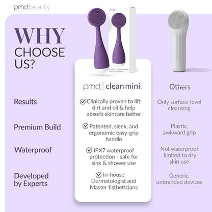 PMD Clean Mini - Smart Facial Cleansing Device with Silicone Brush & Anti-Aging Massager - Waterproof - SonicGlow Vibration Technology - Clear Pores and Blackheads - Lift, Firm, and Tone Skin - color: Purple