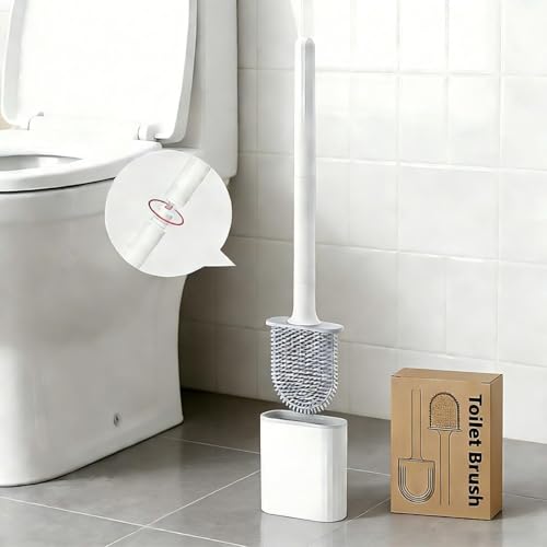Silicone Toilet Brush Set, Wall Mounted Holder, Anti-Drip Design, Non-Slip Handle, Flexible Bristles for Easy Cleaning, Suitable for Various Usage Scenario (White) - color: White