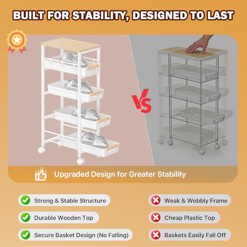 SUNALLY Slim Storage Cart with Pull-Out Baskets, 5-Tier Rolling Kitchen Cart with Wooden Top & Lockable Wheels, Narrow Space Utility Cart Organizer for Kitchen, Bathroom, Laundry Room, White - color: White