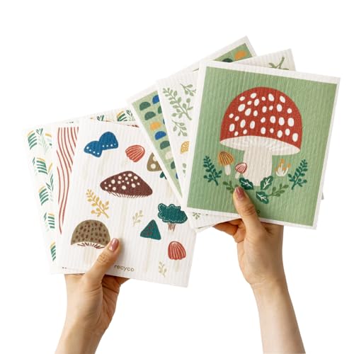 RECYCO Swedish Dishcloths for Kitchen | 6 Packs Forest Mushroom Washable Dish Rags | Cellulose Reusable Cleaning Paper Towels | Absorbent Counter Dish Cloth Sponge Kitchen Wipes, 8" L x 7" W - color: Forest Mushroom - 6 Pack