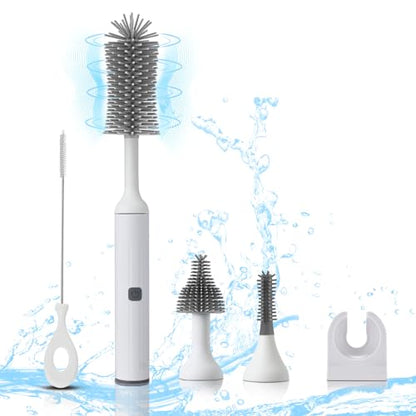 Electric Baby Bottle Brush Set with Rechargeable Electric Bottle Brush Cleaner and Replaceable Silicone Bottle Brushes and Straw Brush Cleaner, Waterproof Multi-Purpose Cleaning Brush (White) - color: White