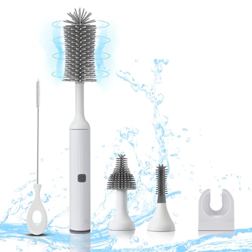 Electric Baby Bottle Brush Set with Rechargeable Electric Bottle Brush Cleaner and Replaceable Silicone Bottle Brushes and Straw Brush Cleaner, Waterproof Multi-Purpose Cleaning Brush (White) - color: White