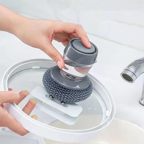 Soap Dispensing Dish Brush, 2 in 1 Kitchen Scrub Brush with Built in Soap Dispenser, Replaceable Dish Scrubber Bristles with Ergonomic Handle for Cleaning Dishes Pots Sinks (1)