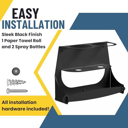 Koova Spray Bottle & Paper Towel Rack Heavy Duty- Wall Mount Storage for 2 Spray Bottles and Paper Towel Roll Utility Organizer Hardware Included - Made in USA Sturdy Metal Holder for Home and Garage