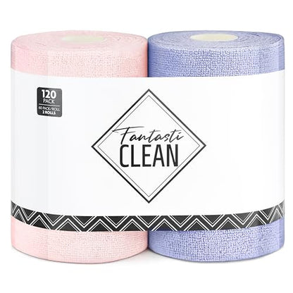 Fantasticlean Microfiber Cleaning Cloth Roll 2 Rolls 120 Pack, Tear Away Paperless Towels, 8" x 8", Reusable Washable Rags, House Kitchen, Pet, Office, Indoor Outdoor, Portable (Pink and Light-Purple) - color: 1pink 1light-purple