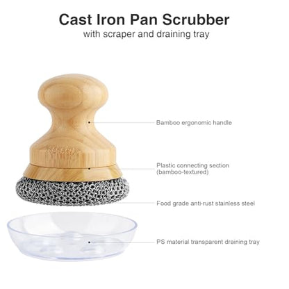 Cast Iron Scrubber and Scraper,Chain Mail Cleaner with Bamboo Handle & Draining Tray,316 Stainless Steel Brush for Cleaning Pots,Pans,Wok,Bakeware,Griddles, Grills(Large Chain Mail,2pcs) - size: Large Chain Mail 2pcs