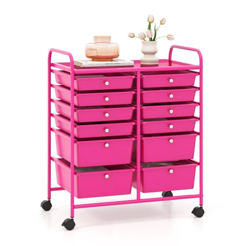 GOFLAME 12-Drawer Rolling Storage Cart, Multipurpose Organizer Cart with 2 Sizes Plastic Drawers, Mobile Utility Cart with Lockable Casters for School, Home Office, Beauty Salon, Hot Pink - color: Hot Pink, size: 12-Drawer-2