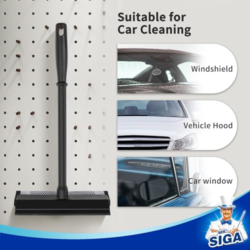 MR.SIGA Professional 2-in-1 Car Window Squeegee and Sponge Scrubber for Cleaning and Washing, Rubber Blade Cleaner With Handle, Black