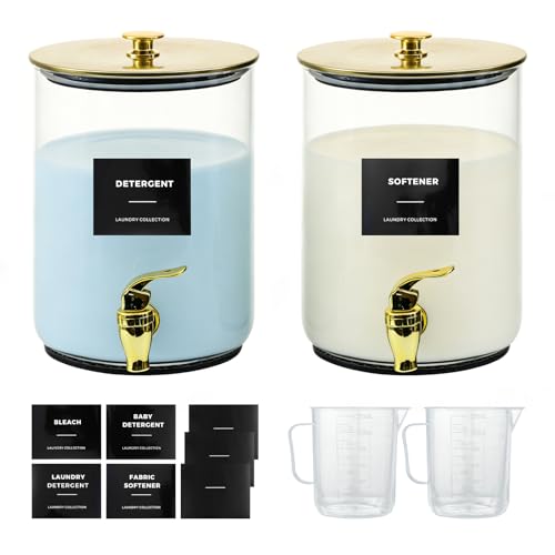 Glass Laundry Detergent Dispenser for Laundry Room Organization, 1 Gallon Large Liquid Soap Dispenser with Black Metal Lid & Leak-Proof Spigot, 2 Measured Cups, 2 Silicone Mats & 9 Labels (2, Gold) - color: Gold