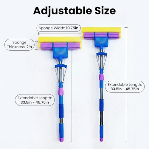 Sponge Mop with Extendable Stainless Steel Handle - Absorbent for Bathroom, Kitchen, Glass, Living Room Hardwood, Tile, Laminate Floors - Easy Lever Squeeze for Dry & Wet Floors