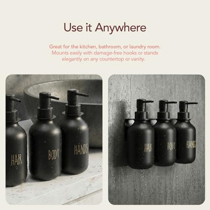 Black Soap Dispenser Set for Bathroom – 3-Packs Refillable Bottle Set, Soft Touch Pump Bottles Wall Mount Hooks Stickers Glue with Vanity Sink Placement Modern Design