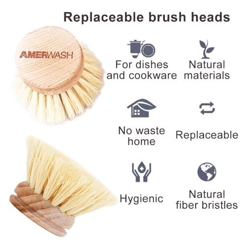 AMERWASH PLUS Classic Dish Brush Replacement Head 3 Packs, Natural Bristle Tampico Fiber for All Purpose Cleaning, Kitchen Scrubber - size: 3 Piece Brush Head Set