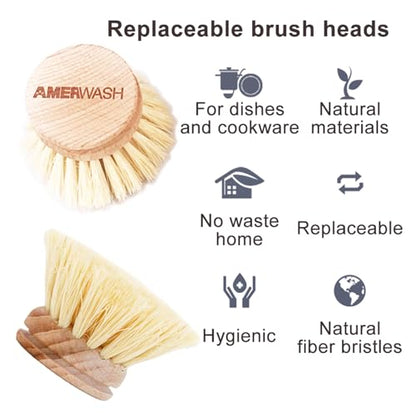 AMERWASH PLUS Classic Dish Brush Replacement Head 3 Packs, Natural Bristle Tampico Fiber for All Purpose Cleaning, Kitchen Scrubber - size: 3 Piece Brush Head Set
