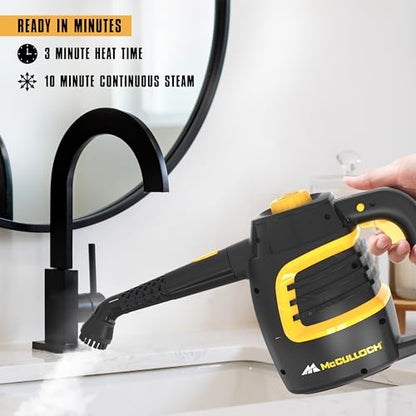 McCulloch MC1230 Handheld Steam Cleaner, 10 Minute Runtime, 11 Accessories: Jet Nozzle, Brushes, & More - Built for Home, Tile, Grout, Carpet, Furniture, & Personal Car Detailing - size: MC1230