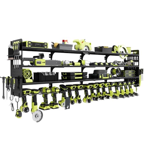 Large Power Tools Organizer Wall Mount, 16 Drill Holder for Garage, Workshop Heavy Duty Storage Rack(Black) - color: Black