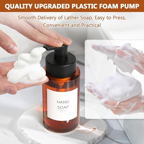 RYTOXILO Amber Foam Soap Dispenser, 10 oz/300ml Glass Foaming Soap Dispenser, 2 Pcs Foaming Hand Dispenser for Bathroom & Kitchen, Refillable Bottle with Waterproof Labels - color: Amber Bottle, size: 10 Fl oz