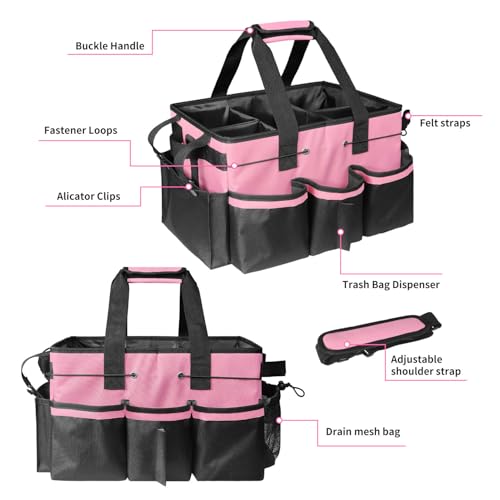 Grekos Large Cleaning Caddy Bags, Cleaning Caddy Suppliers Organizer with 4 Detachable Divider, Supply Caddy With Adjustable Shoulder Strap & Waist Belt For Housekeepers, Home, Car(Pink) - color: Pink