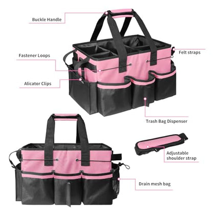 Grekos Large Cleaning Caddy Bags, Cleaning Caddy Suppliers Organizer with 4 Detachable Divider, Supply Caddy With Adjustable Shoulder Strap & Waist Belt For Housekeepers, Home, Car(Pink) - color: Pink