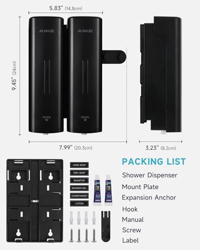 AIKE 2 Chambers Shower Shampoo and Conditioner Dispenser 2 x 11.8 fl.oz. for Bathroom(Black) - color: Black, size: Double Chamber