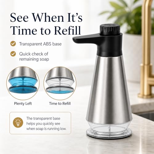 Dish Soap Dispenser for Kitchen,304 Stainless Steel Hand Soap Dispenser with Adjustable Output,Refillable Soap Pump with Clear Refill Base, Leak Resistant, Rust Resistant, Non-Slip