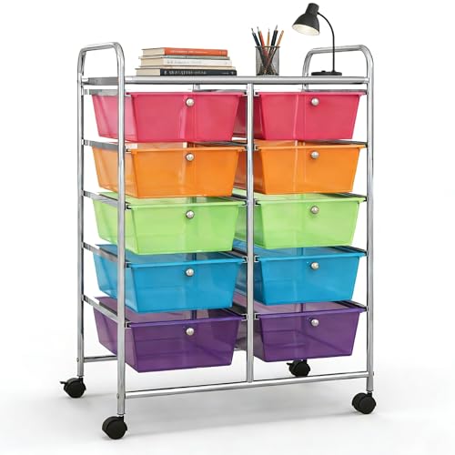 COSTWAY 10 Drawer Rolling Storage Cart, Mobile Utility Cart with Metal Frame & Lockable Wheels, Art Supply Craft Organizer, Multipurpose Drawer Cart for Paper for Office, School, Rainbow - color: Rainbow, size: 10 Drawer