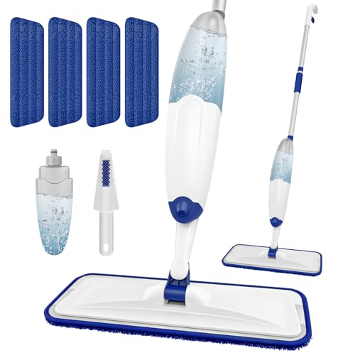 HOMTOYOU Microfiber Flat Mop with Sprayer: Spray Mop with 4 Washable Pads | Cleaning Multi-Surface Floors, 1Pcs 400+ML Refillable Bottle, Wet Dry Use, 360° Swivel Head, White - color: White Blue