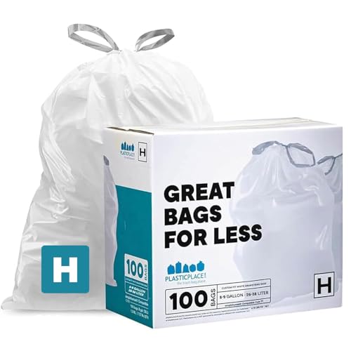 Plasticplace Trash Bags, Compatible with Simplehuman Code H, 8-9 Gallon Trash Can Liners, White Drawstring Garbage Bags, 100 Count Heavy Duty - color: White, size: 100 Count (Pack of 1)