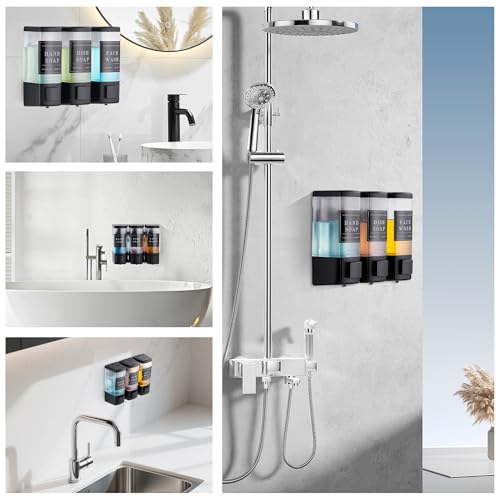 Shampoo and Conditioner Dispenser for Shower,3 Chamber, Black | Wall Mounted, No Drill, 3×16.9oz,ABS Plastic Material,Refillable With Labels, For Bathroom Hotel - color: Black