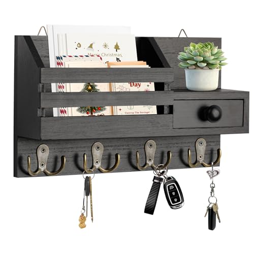 Key Holder Wall Mount, Wooden Adhesive Mail and Key Organizer with Drawer, Small Shelf, 8 Hooks, 2 Installation Methods, Black - color: Black