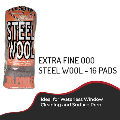 Hi-Tech 000 Extra Fine Steel Wool Pads (16 Pack) – Ultra-Fine Scratch-Free Surface Prep, Waterless Window Cleaning, Polishing, Finishing & Woodworking Abrasive