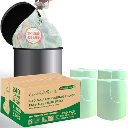 BEIDOU-PAC 8-10 Gallon Flap Tie Compostable Trash Bags, 240 Count, Compost Bags Kitchen Trash Bags, Sturdy Garbage Bags Food Scrap Waste Bags, ASTM D6400, US BPI Certified, Green - style: Flat ties | 8-10 Gallon | 240 Count