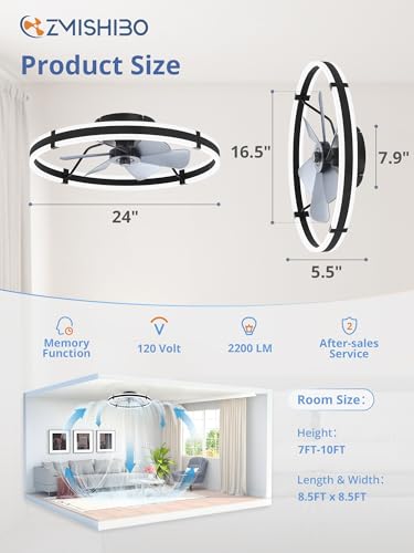 ZMISHIBO 24 Inch Ceiling Fans with Lights and Remote, Modern Low Profile Ceiling Fan, 3000-6000K Dimmable Flush Mount LED Fan Light, 6 Wind Speeds, Fandelier Ceiling Fans for Bedroom- Black - color: Black, size: 24 INCH