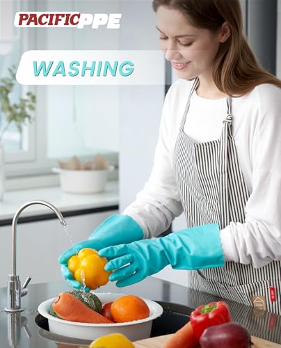 PACIFIC PPE 2 Pairs Reusable Dishwashing Cleaning Gloves with Latex Free, Cotton Lining, Kitchen Gloves, Green, Large - color: Green, size: Large (Pack of 2)