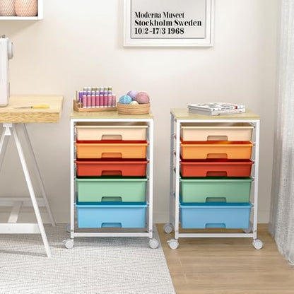 SYKIARIOL Utility Cart with 5 Drawers,Storage Cart with Wooden Tabletop and Lockable Wheels,Craft Storage Trolley Organizer,5-Tier Rolling Utility on Wheels,Macaron - color: Macaron