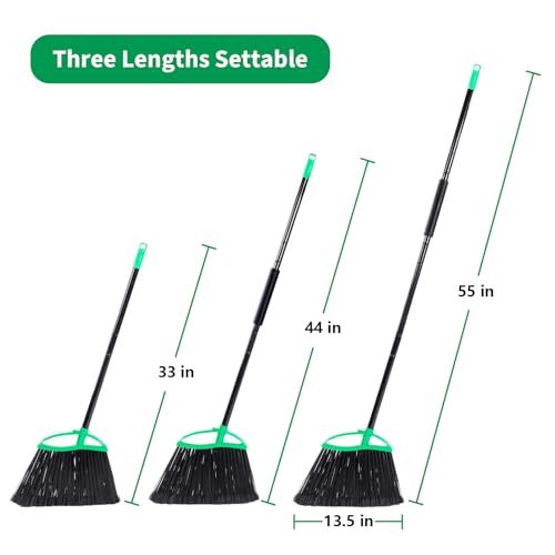2 Pack Heavy Duty Brooms, 55" Long Handle Indoor Outdoor Angle Broom Set, Household Commercial Floor Cleaning, for Sweeping Home, Kitchen, Deck, Garage, Patio - Green