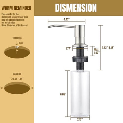 Built in Soap Dispenser for Kitchen Sink Countertop, Brushed Nickel Stainless Steel Soap Dispenser Pump Head Refill from the Top with 11 Ounce Transparent Soap Bottle - color: Brushed Nickel