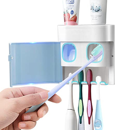 Toothbrush Holder Toothpaste Dispenser Wall Mounted with Cover, 4 Slots Electric Tooth Brush Storage Organizer with 2 Automatic Kids Toothpaste Squeezers for Shower Bathroom Blue, Self Adhesive - color: Blue