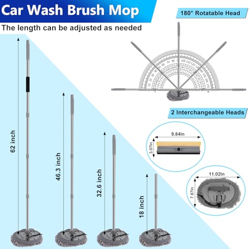 THINKWORK Car Wash Kit, 62'' Car Washing Brush with Long Handle, Extendable Car Wash Brush Mop with 2-in-1 Windshield Squeegee and 9Pcs Detailing Brushes, Gray Car Detailing Kit Gift for Men - size: 25 Count (Pack of 1)