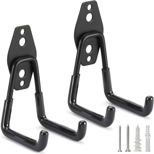 2 Pack Heavy Duty Garage Hooks Storage Organizer Wall Mount Power and Garden Tool Hangers, for Hanging Ladders, Ropes, Hose, Bulk Items - color: Black 2 pack
