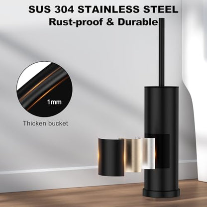 Black Toilet Brush and Holder Set，Stainless Steel Heavy Duty Toilet Bowl Brush，Extra Long Handled Modern Toilet Cleaner Brush with Replaceable Head, Removable Inner Bowl, and Splash Protection - color: Black, size: 1 Pack