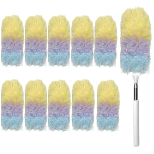 Heavy Duty Duster Refills, Disposable Dusters Kit for Cleaning Dusting Furniture Blind Ceiling Fan, Multi Surface 360 Feather Duster(10)+3FT Extended Handle（1） (Colorful) - color: Colorful