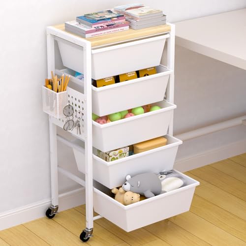 Rolling Cart with Drawers, Rolling Storage Cart with 5 Large Plastic Drawers & Wooden Tabletop, Utility Cart with Pegboards & Basket, Storage Drawers Cart for Living Room, Classroom, Bedroom, Office - color: White, size: 5 Drawers
