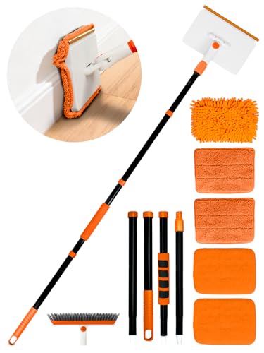 4-in-1 Baseboard Cleaning Tool with Extendable Handle 5 Reusable Pads 1 Carpet Rake Stiff Bristle Brush Multi-Surface Baseboard Brush for Cleaning Baseboard Wall Carpet Floor Bathroom Kitchen Pet Hair