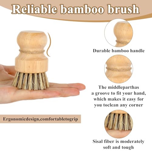 8 Packs Bamboo Dish Scrub Brushes Natural Palm Wooden Scrubbers Set Kitchen Dishwashing Scrubber with Natural Sisal Bristles for Iron Pot Pan Sink (Round)